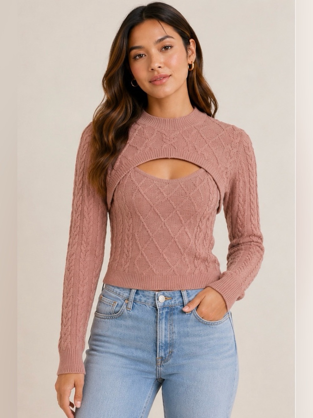 NWT Moon & Madison 2 Piece Cable Knit Sweater Set Shrug & Cami XS Pink